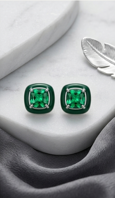 Emerald green Cushion Cut start earring