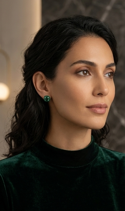 Emerald green Cushion Cut start earring