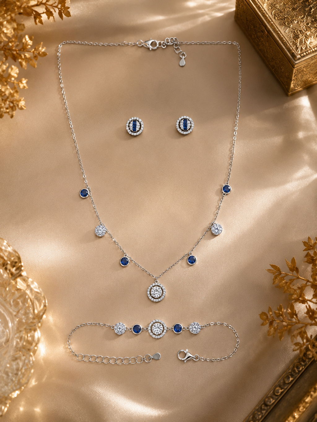 Luxury silver halo crystal necklace bracelet, and stud earrings set