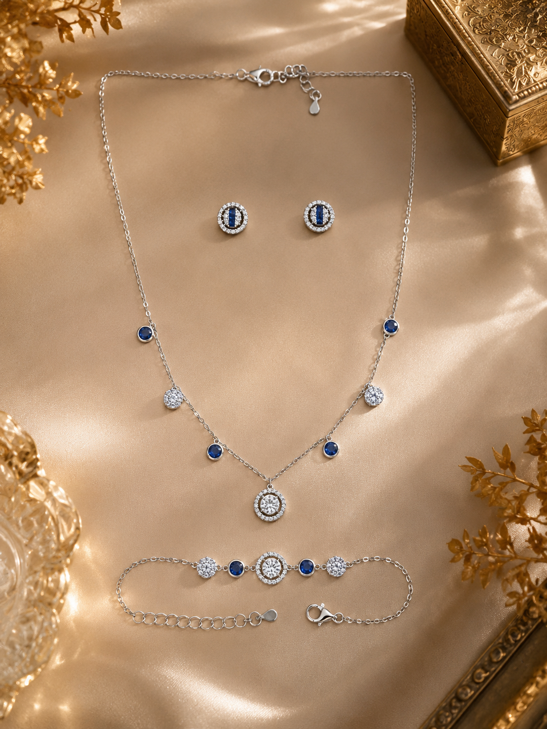 Luxury silver halo crystal necklace bracelet, and stud earrings set