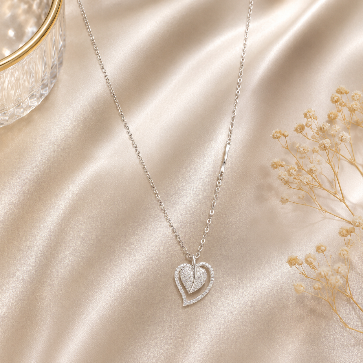 Double heart crystal pendant necklace
