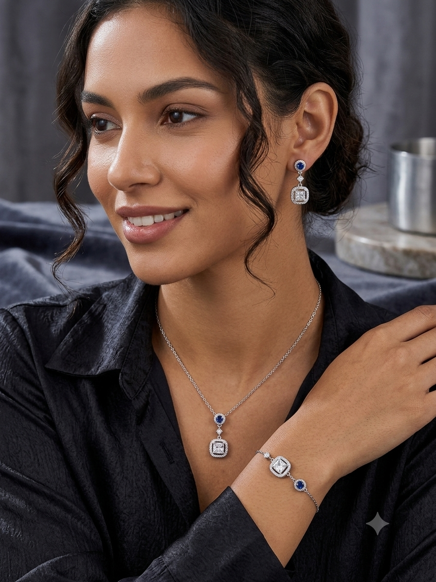 Blue Sapphire-inspired pendant, necklace, bracelet, and drop earrings set