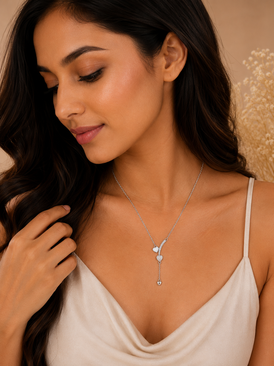 Crystal double heart Y-drop pendant necklace