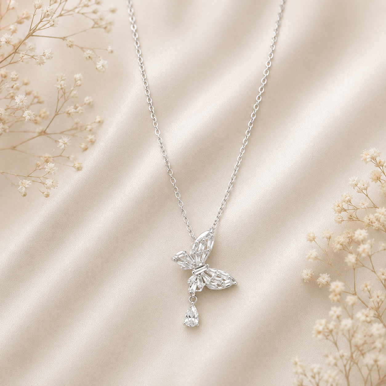 Crystal butterfly teardrop pendant necklace