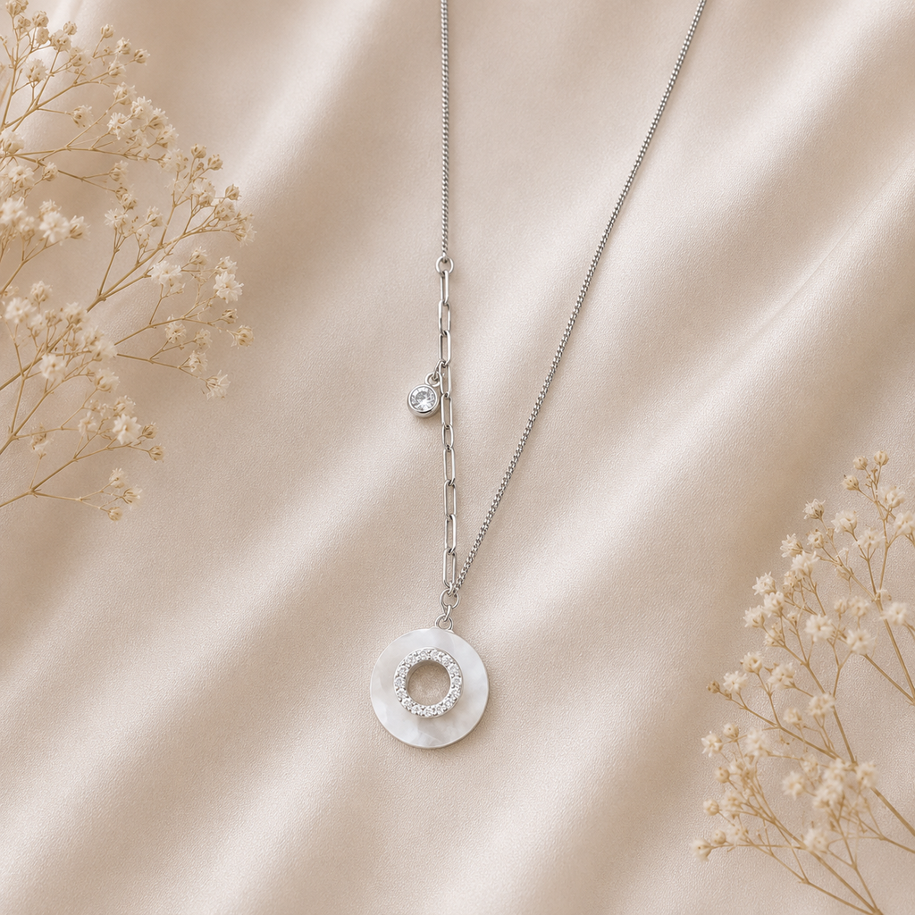 Mother of Pearl Circle crystal pendant necklace