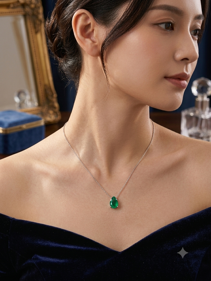 Emerald green pear pendant necklace