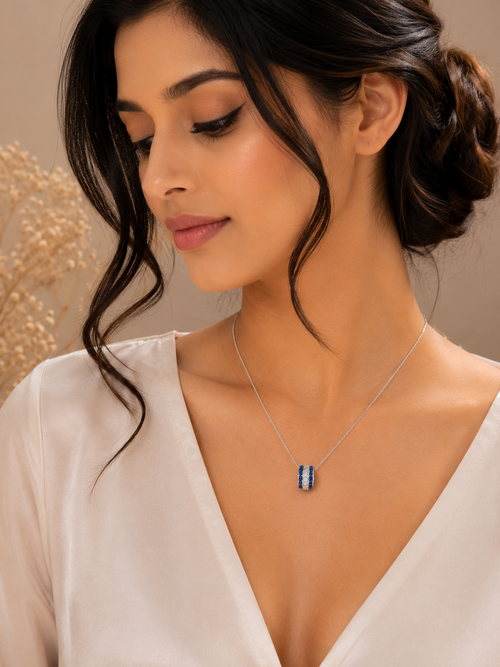 Blue and white crystal barrel pendant necklace