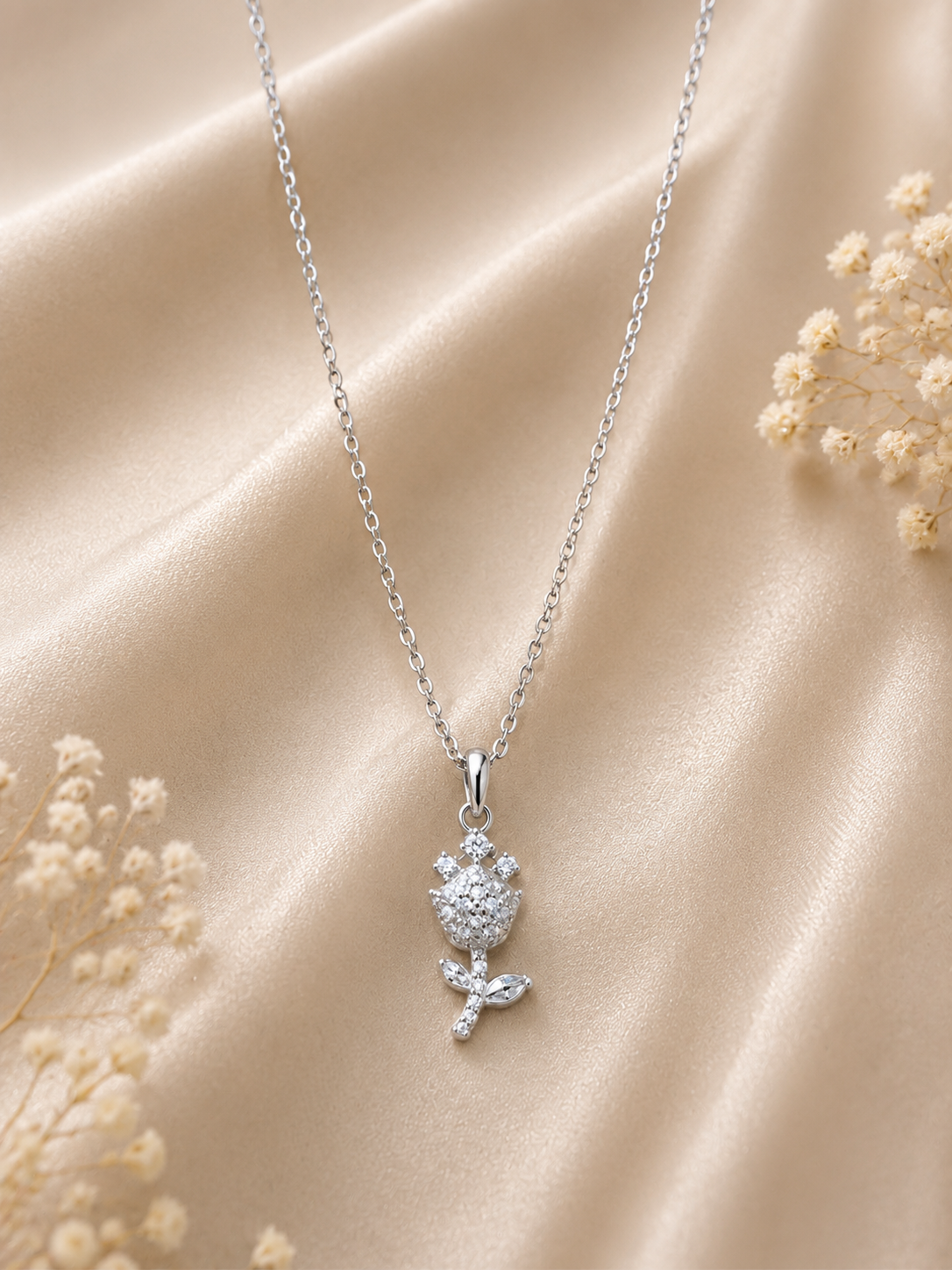 Sparkling rose flower, crystal pendant necklace