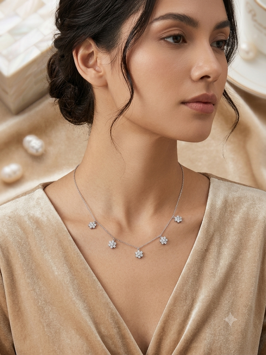 Silver crystal flower necklace ￼