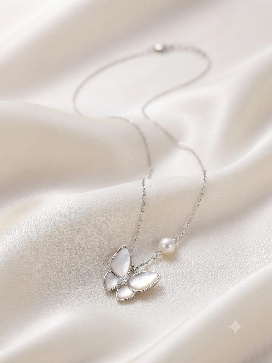Elegant Butterfly Pendant Necklace with Pearl Accent