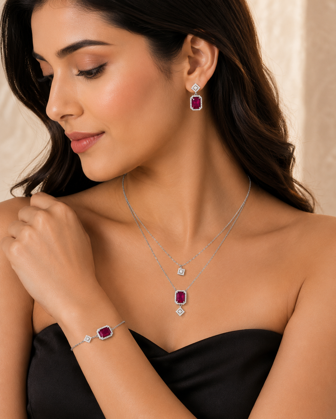 Ruby red Emerald cut crystal layered Set
