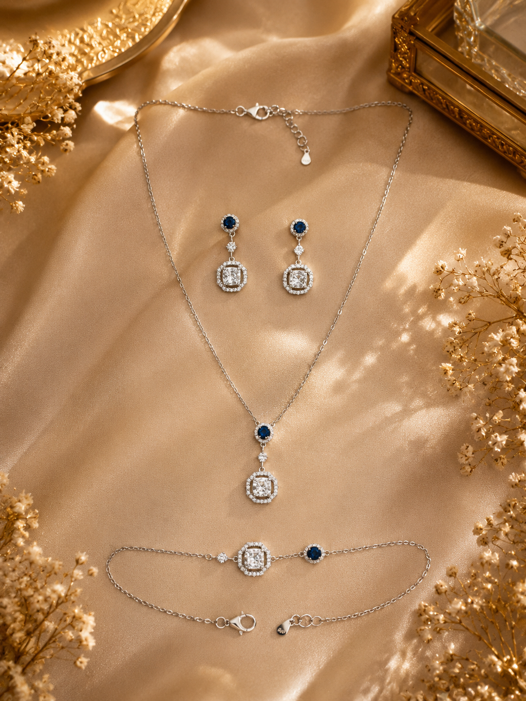 Blue Sapphire-inspired pendant, necklace, bracelet, and drop earrings set