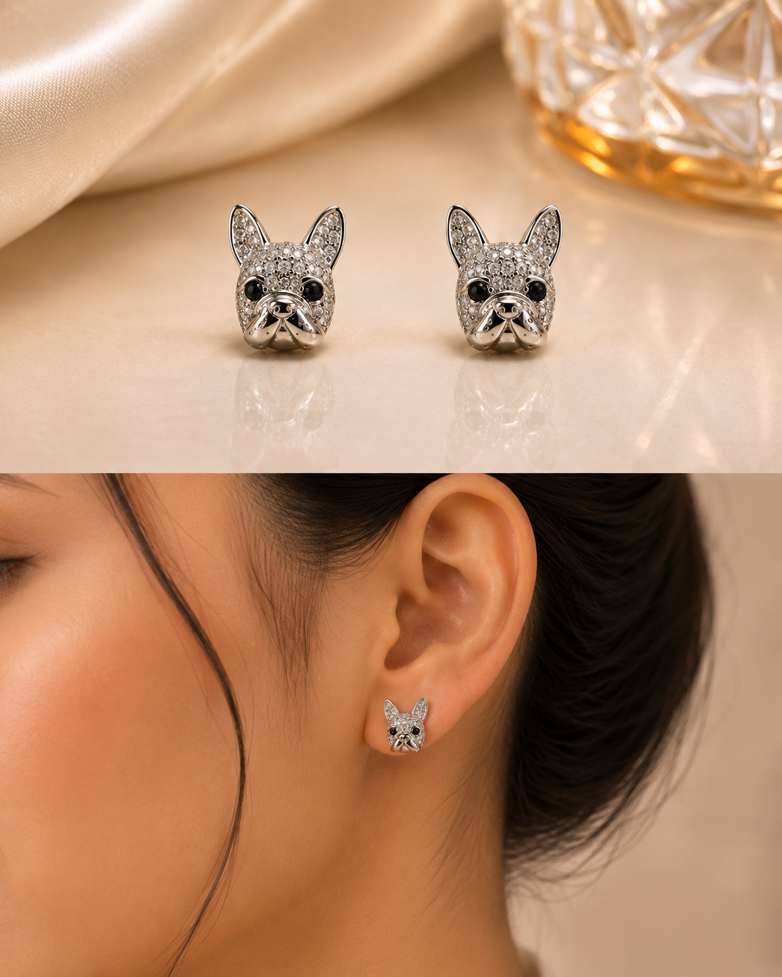 Silver French bulldog stud earrings