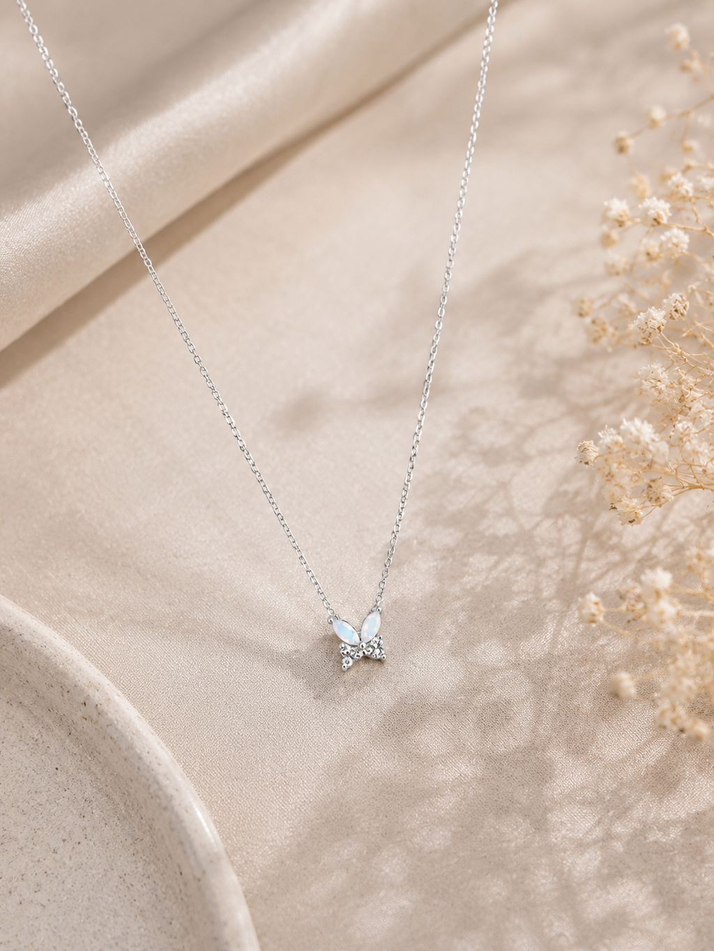White opal butterfly pendant necklace