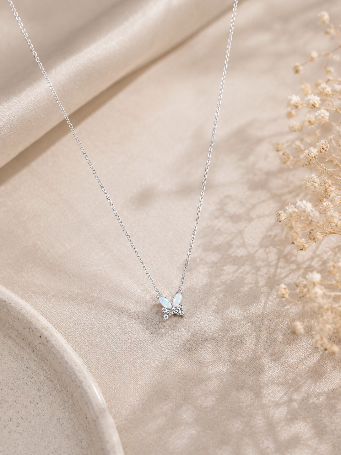 White opal butterfly pendant necklace