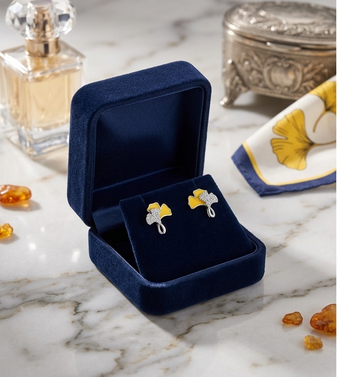 Silver ginkgo leaf stud earrings for women