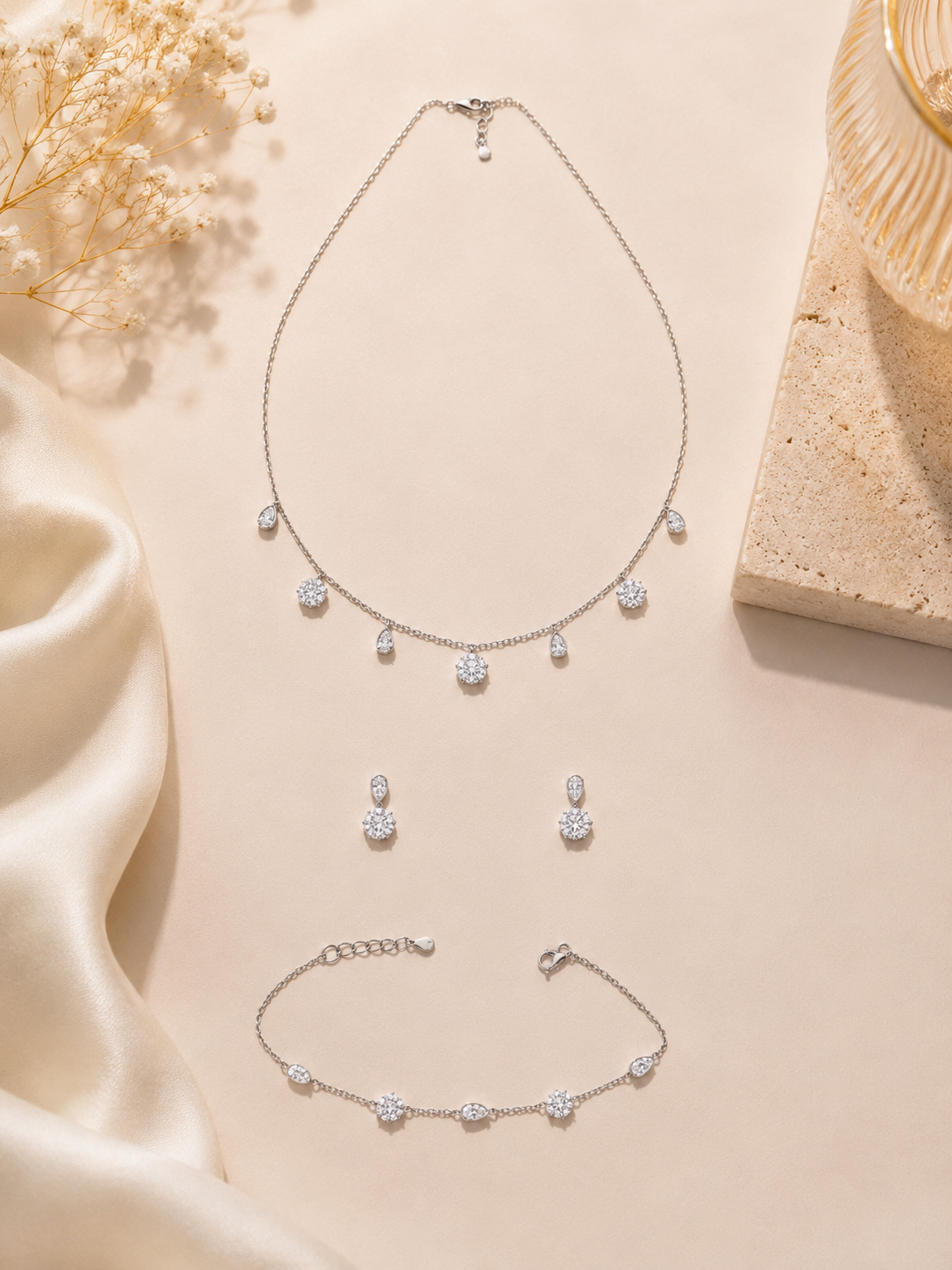 Sparkling floral and teardrop crystal jewelry set ￼