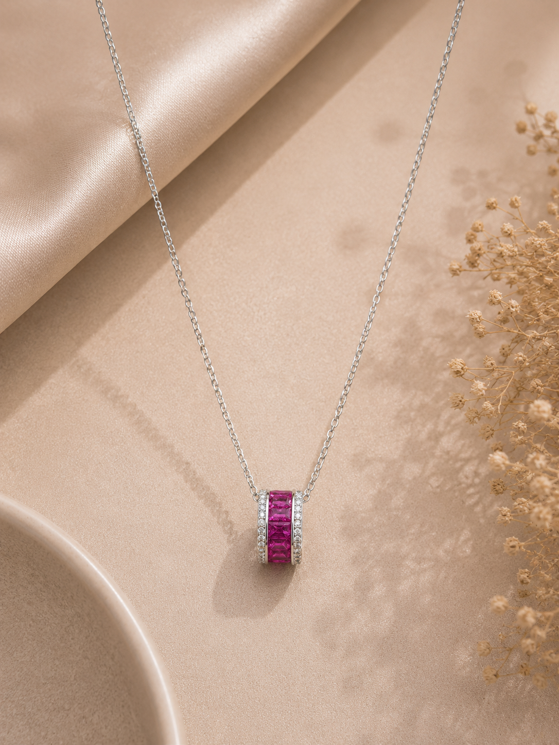 Pink and white crystal barrel pendant necklace