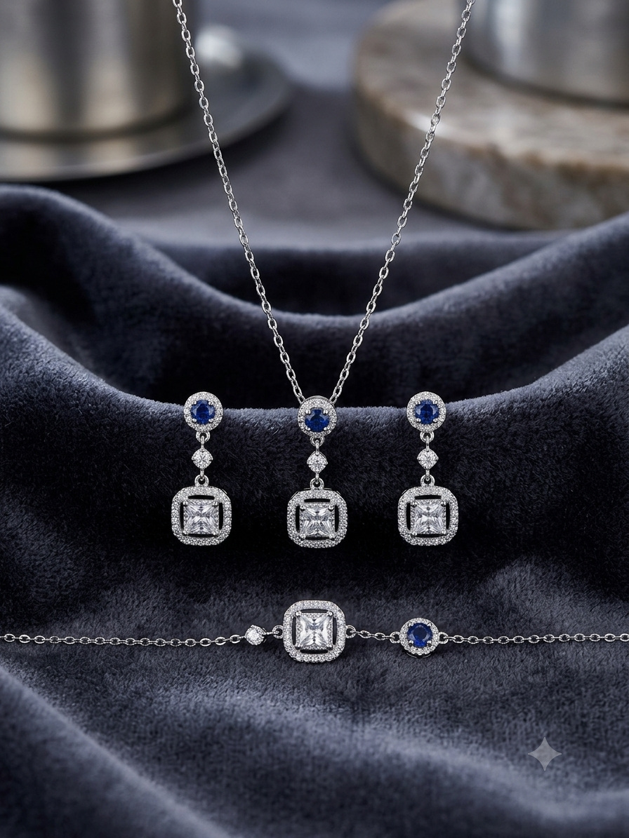 Blue Sapphire-inspired pendant, necklace, bracelet, and drop earrings set