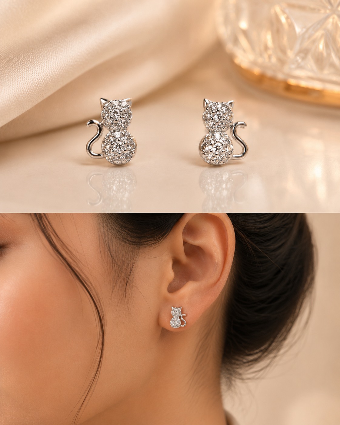 Silver cat stud earrings for women