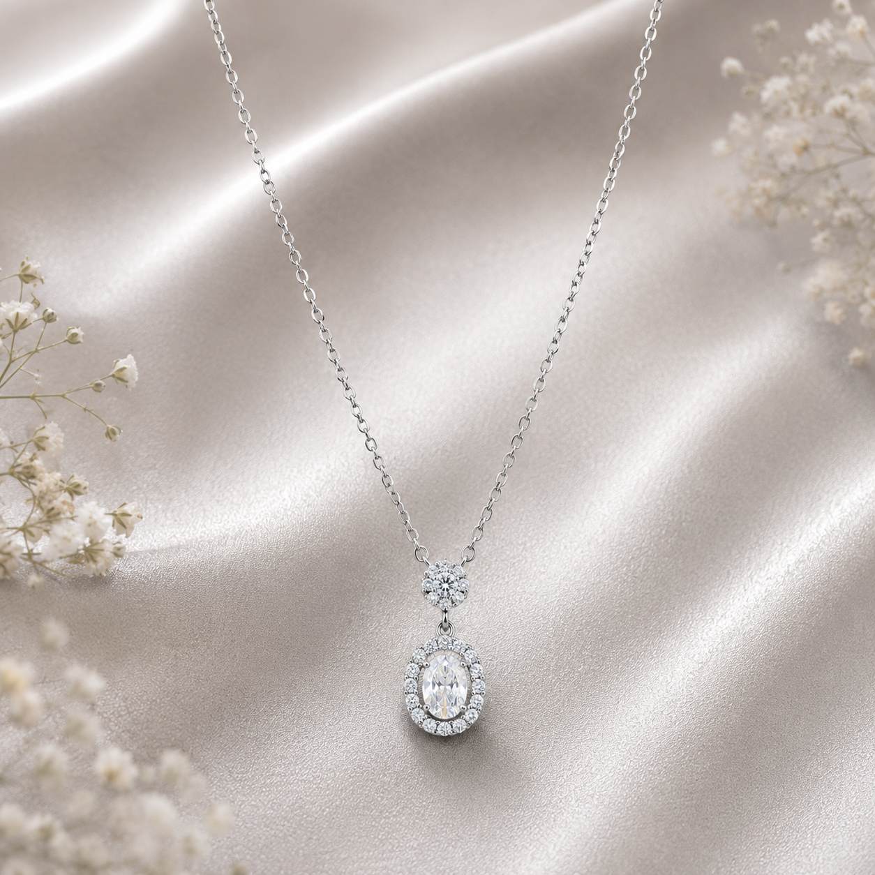 Silver oval crystal halo drop pendant necklace
