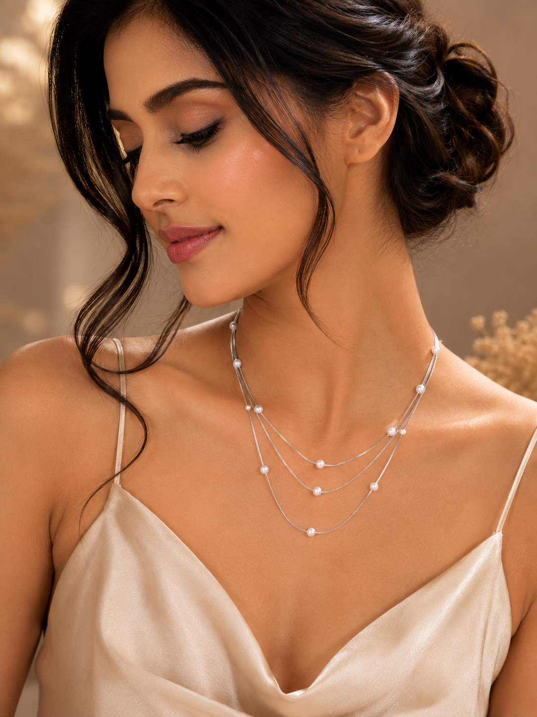 Three layer silver station pearl necklace