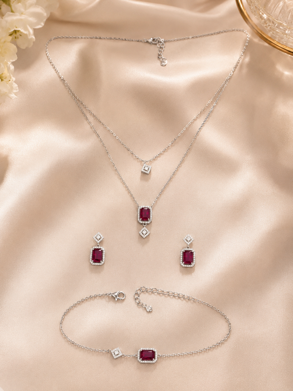 Ruby red Emerald cut crystal layered Set