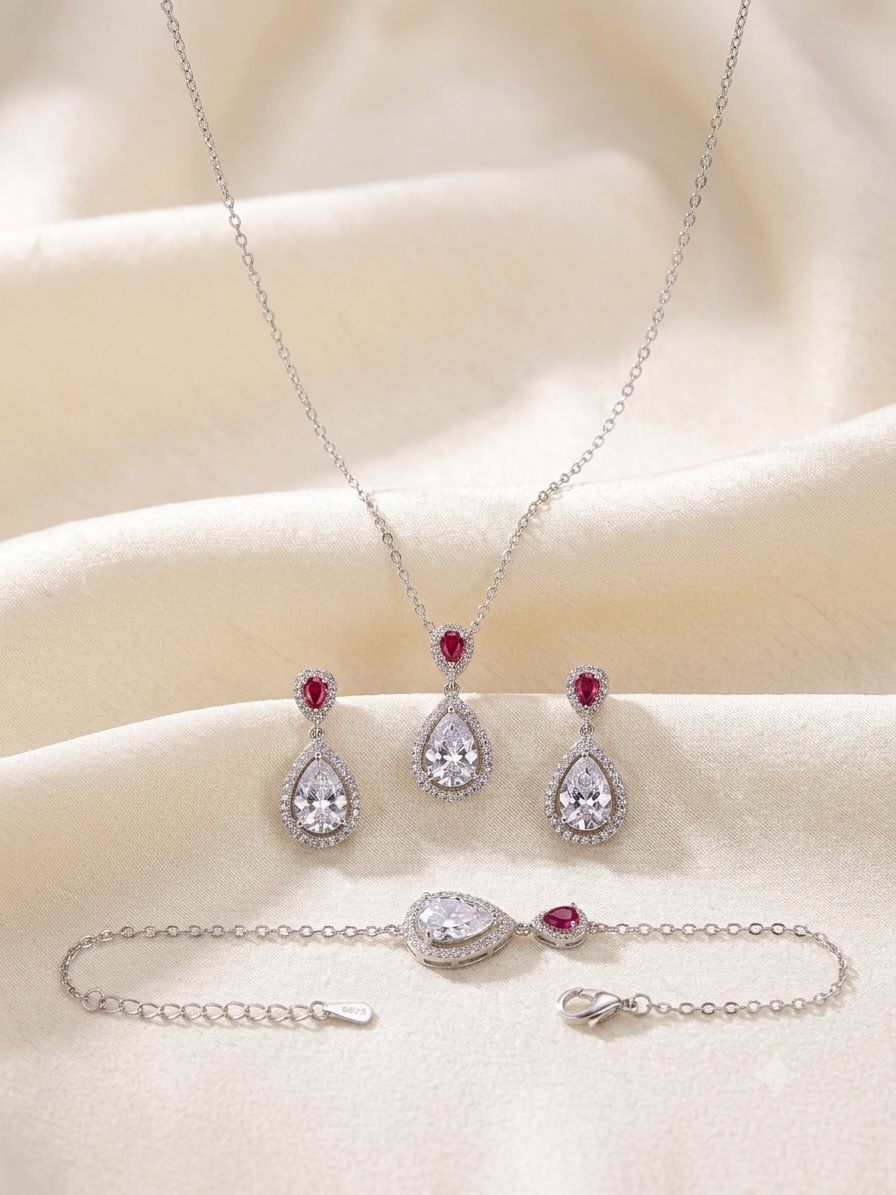 Ruby, red teardrop crystal jewel set