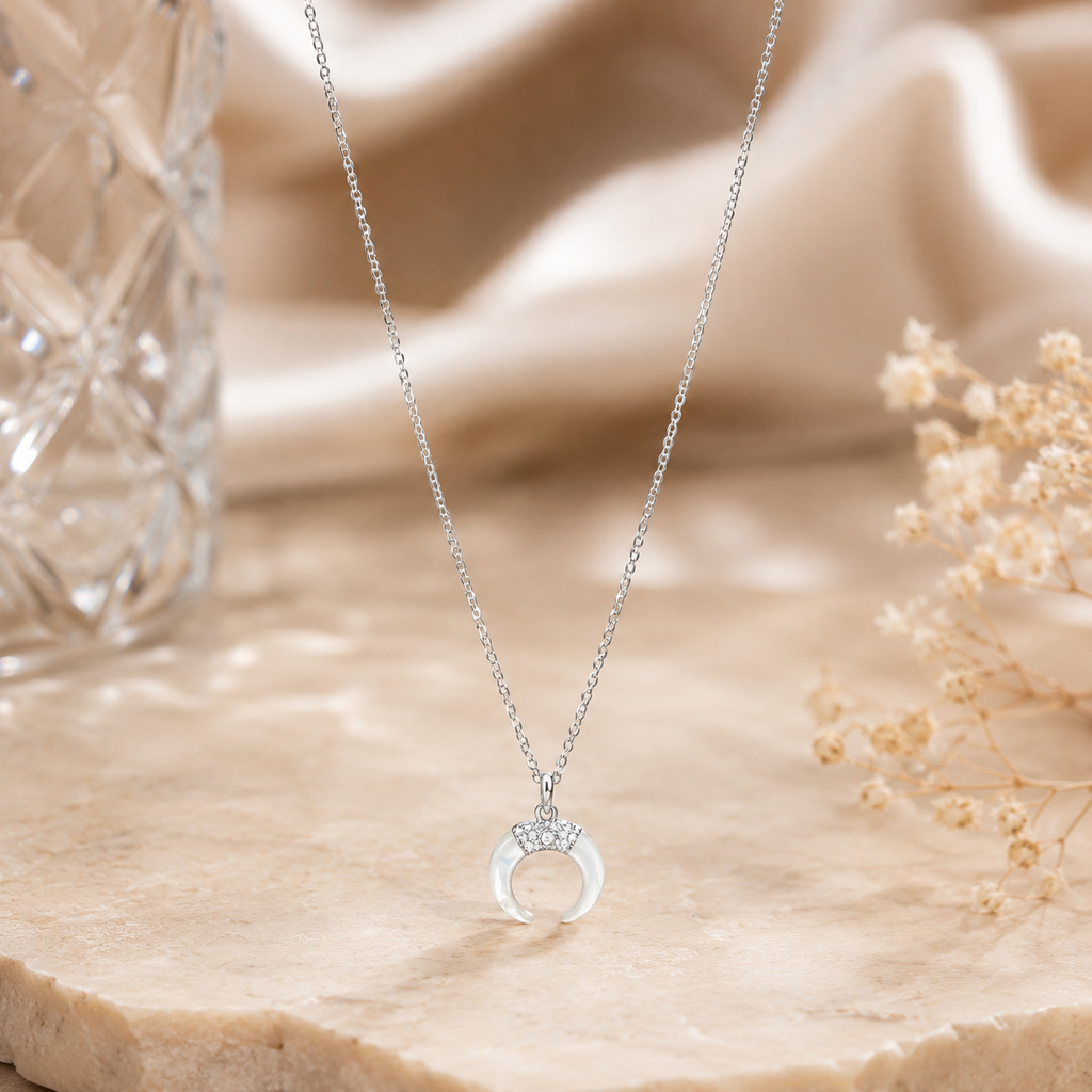 Mother of Pearl Crescent moon, crystal pendant necklace