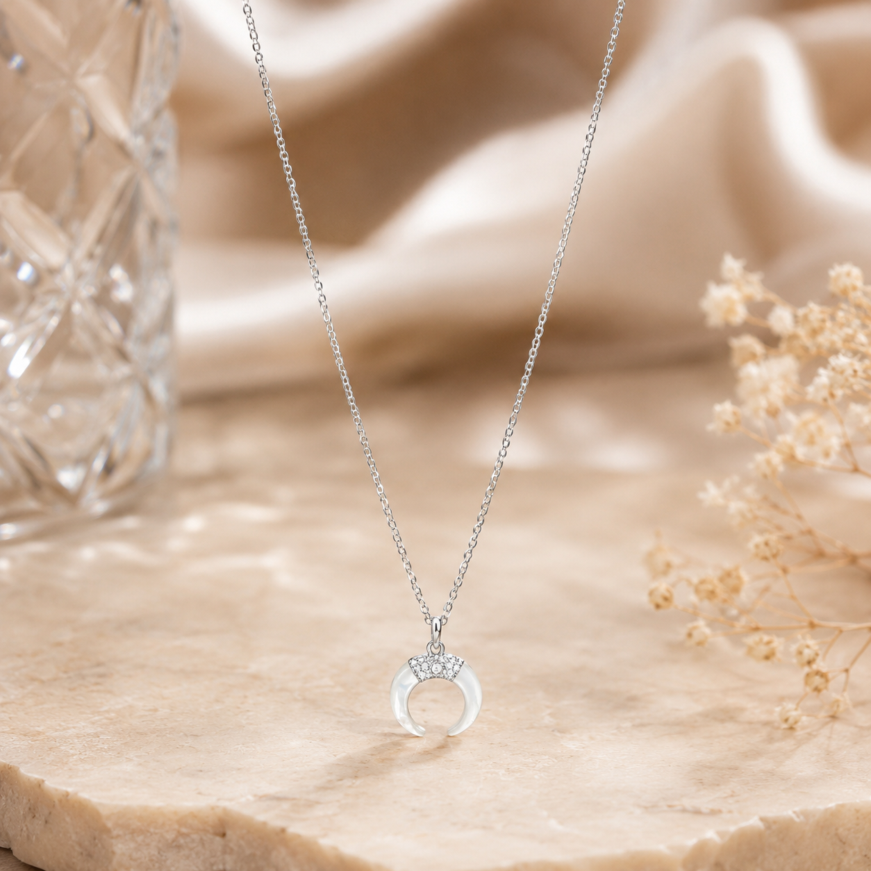 Mother of Pearl Crescent moon, crystal pendant necklace
