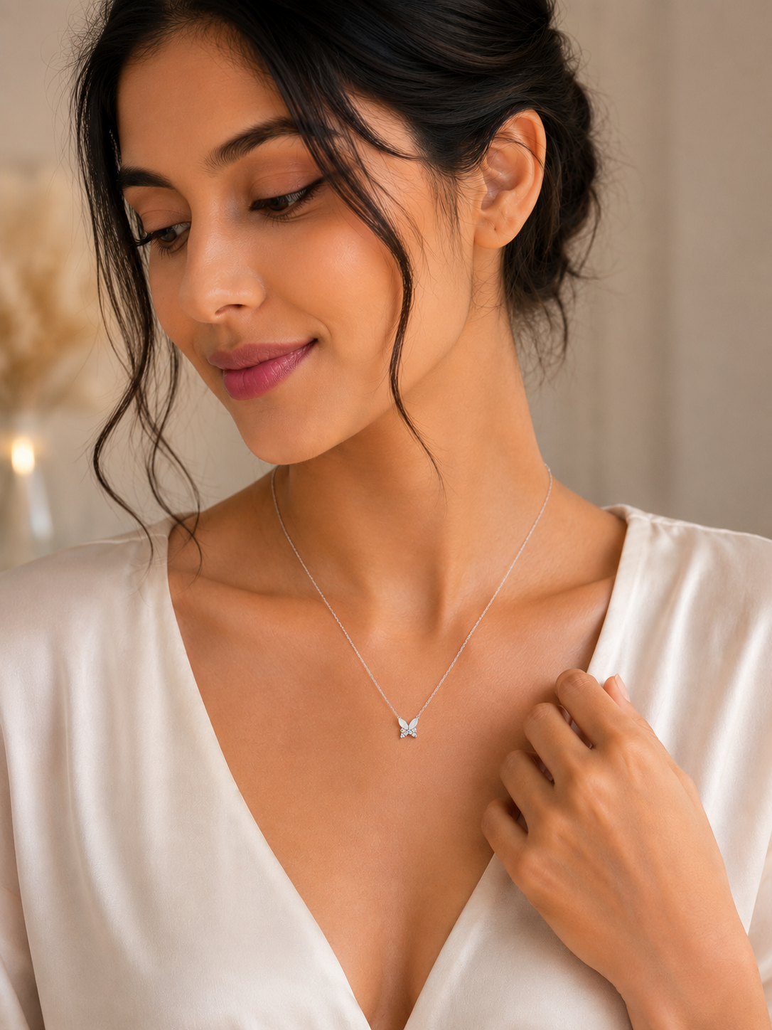 White opal butterfly pendant necklace
