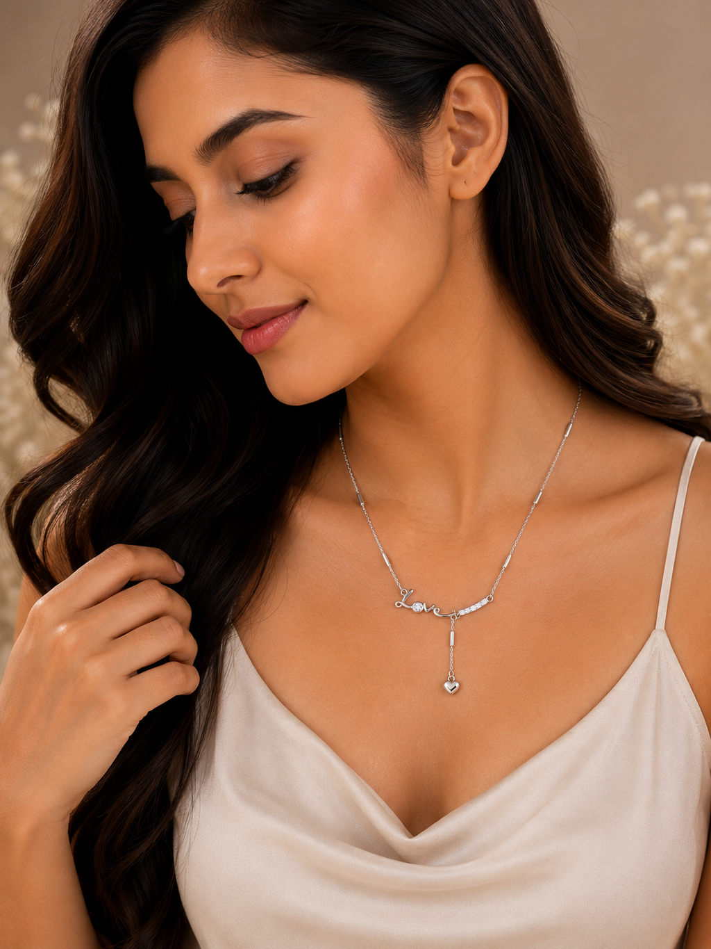 Love script crystal heart drop necklace￼