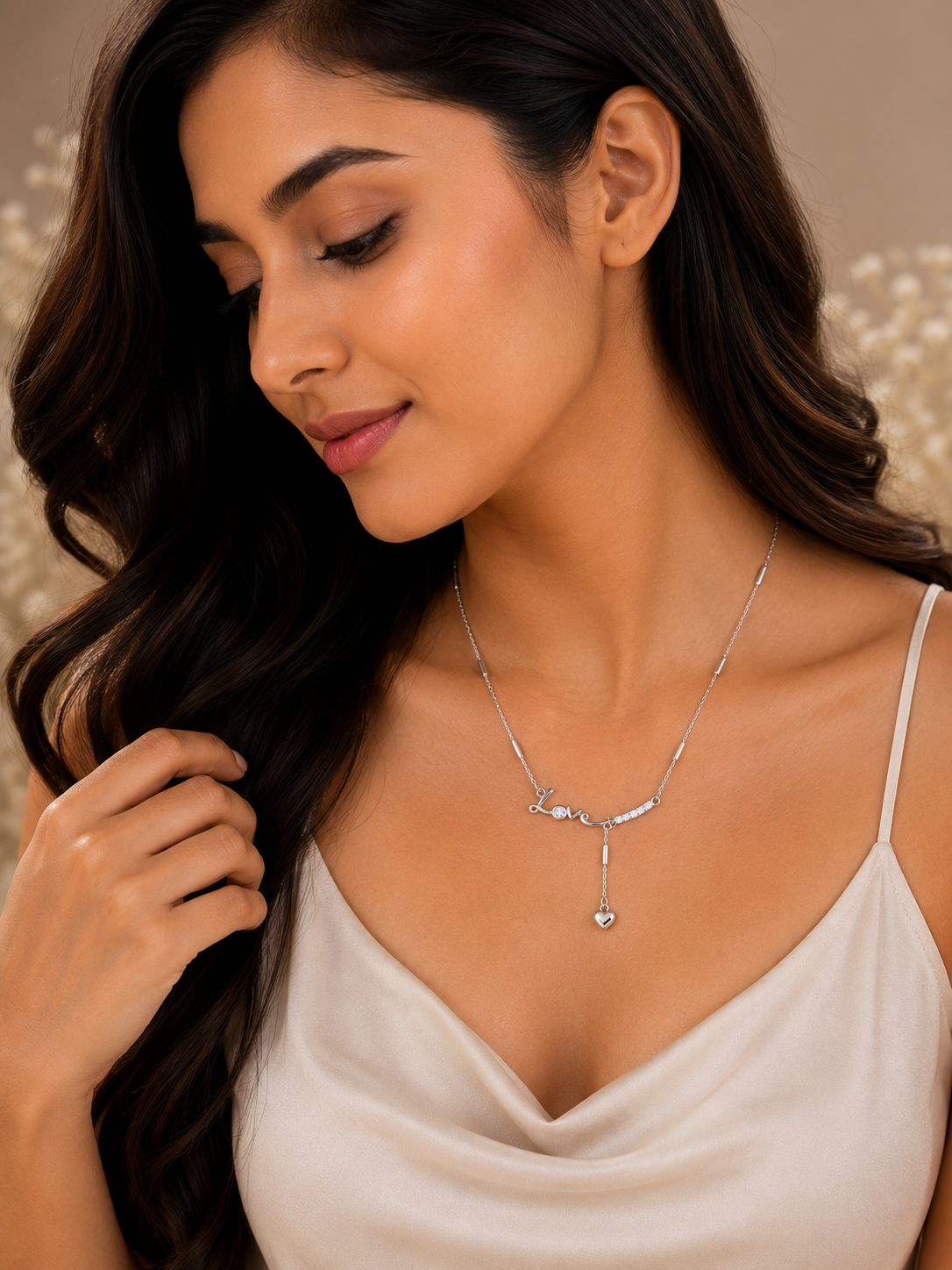 Love script crystal heart drop necklace￼