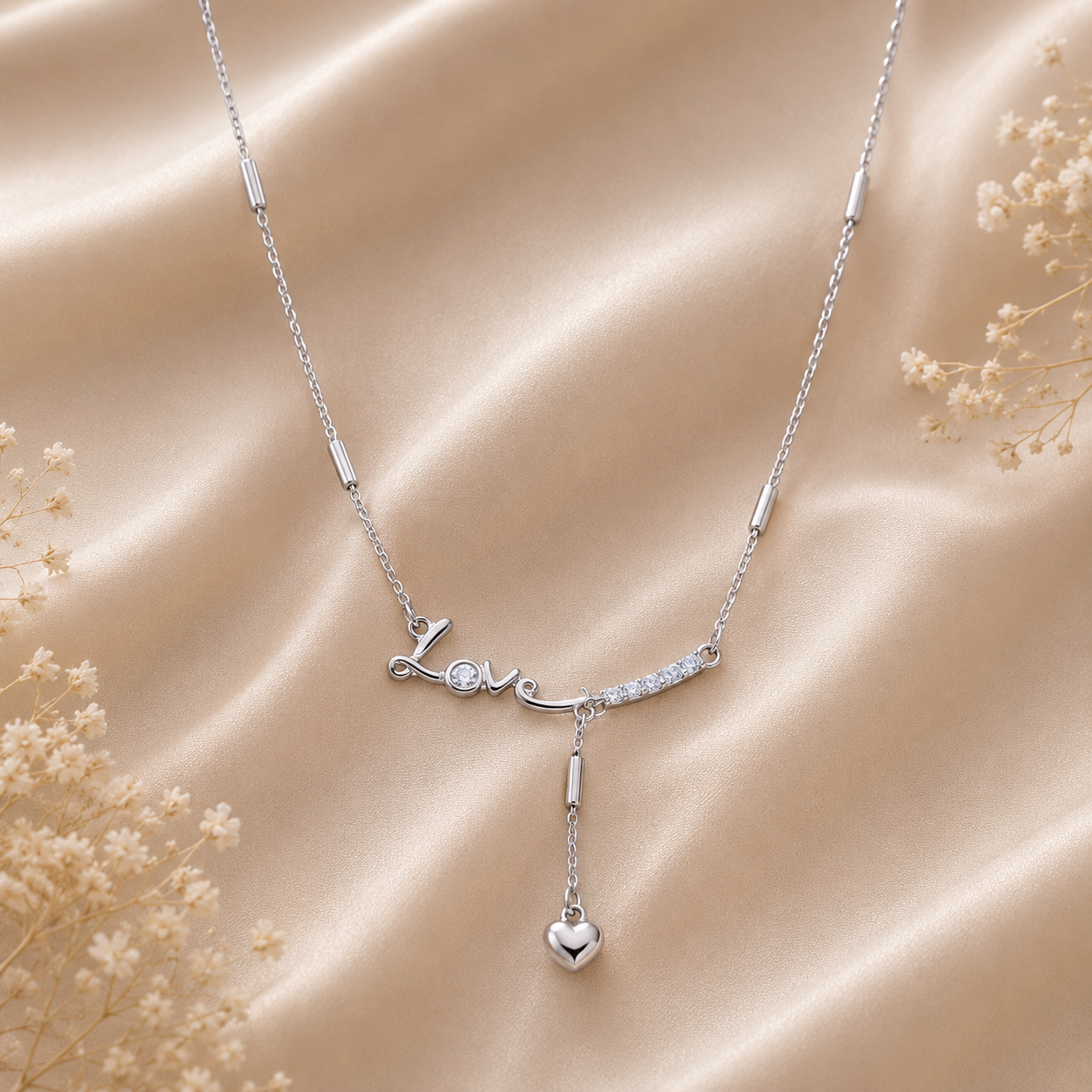 Love script crystal heart drop necklace￼