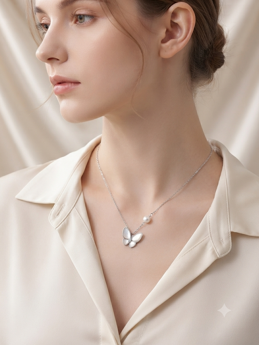 Elegant Butterfly Pendant Necklace with Pearl Accent