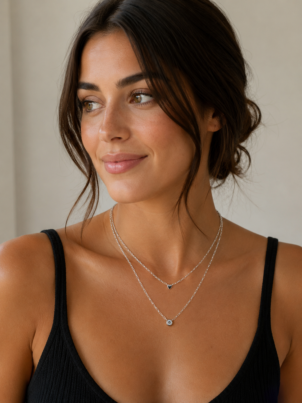 Layered silver heart and solitaire necklace