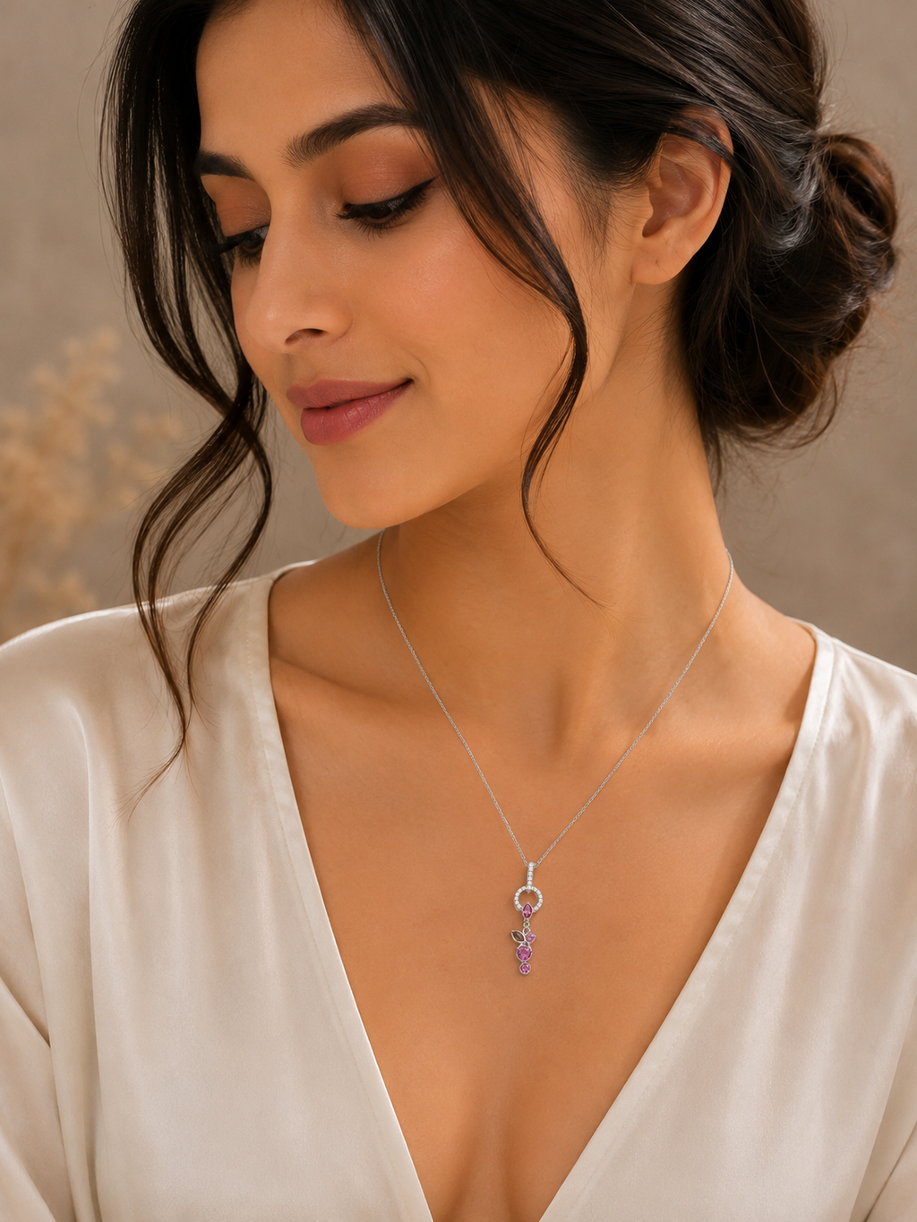 Pink Floral Drop Pendant Necklace