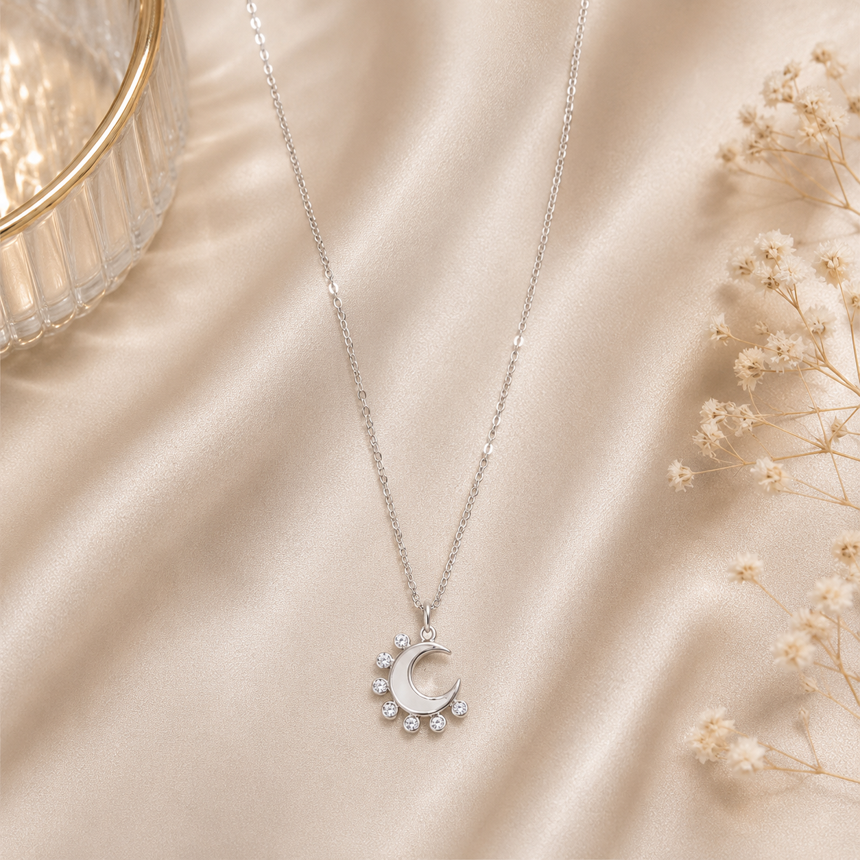 Crescent moon crystal charm pendant necklace