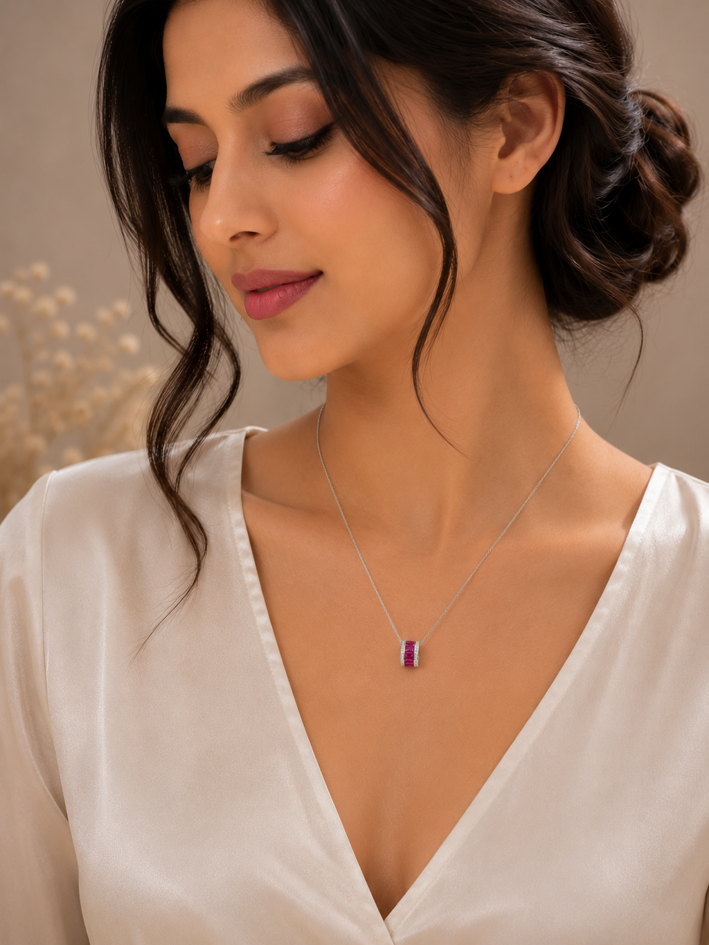 Pink and white crystal barrel pendant necklace