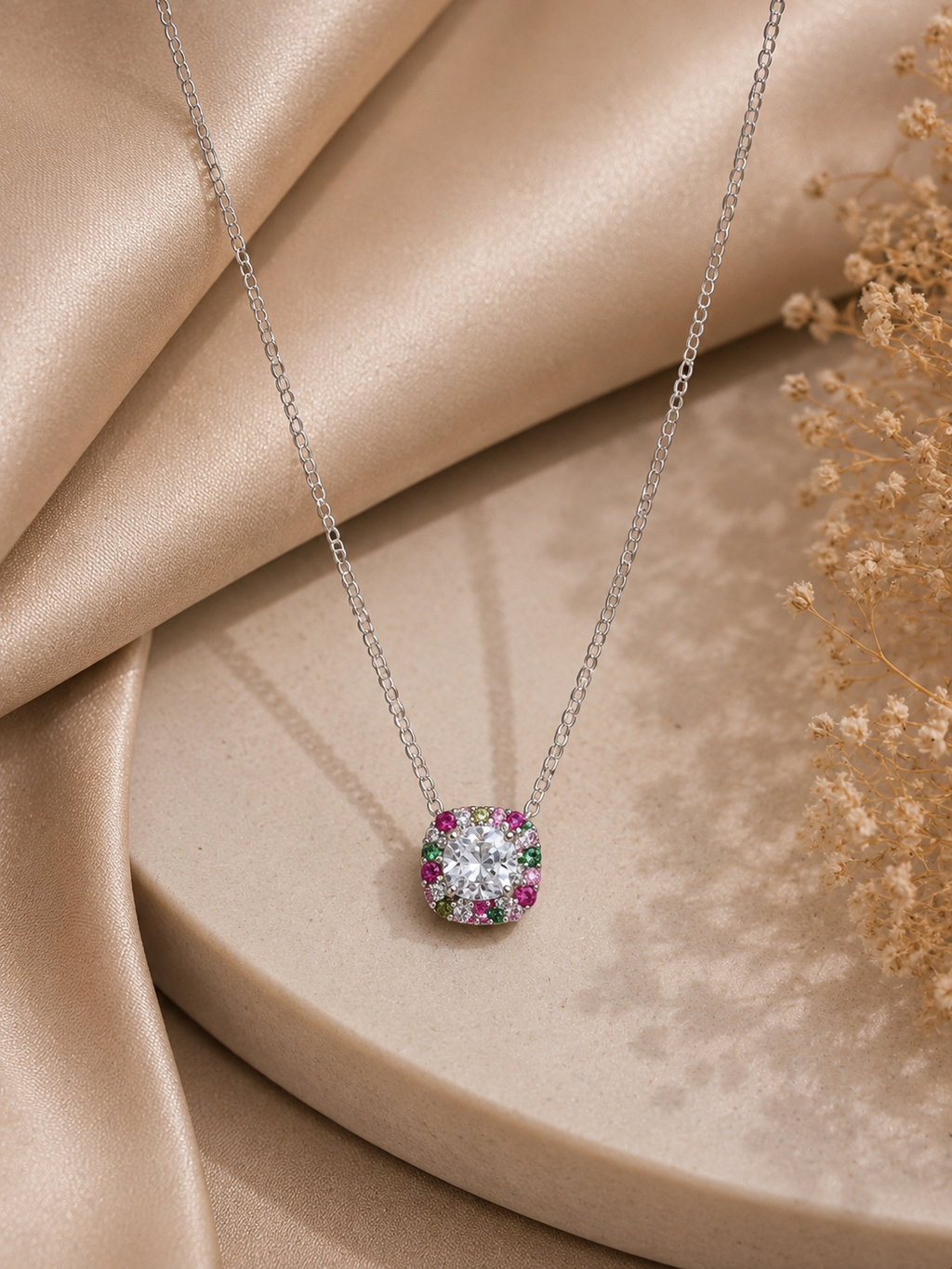 Multicolour Halo CZ Pendant Necklace