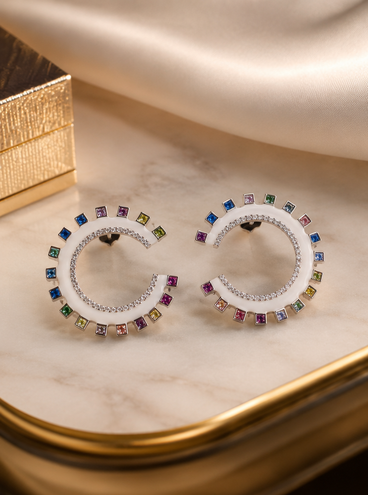 Silver rainbow open hoop earrings for women