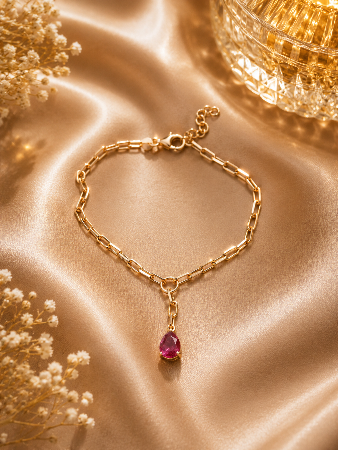 Rose gold paper clip chain bracelet with ruby teardrop charm