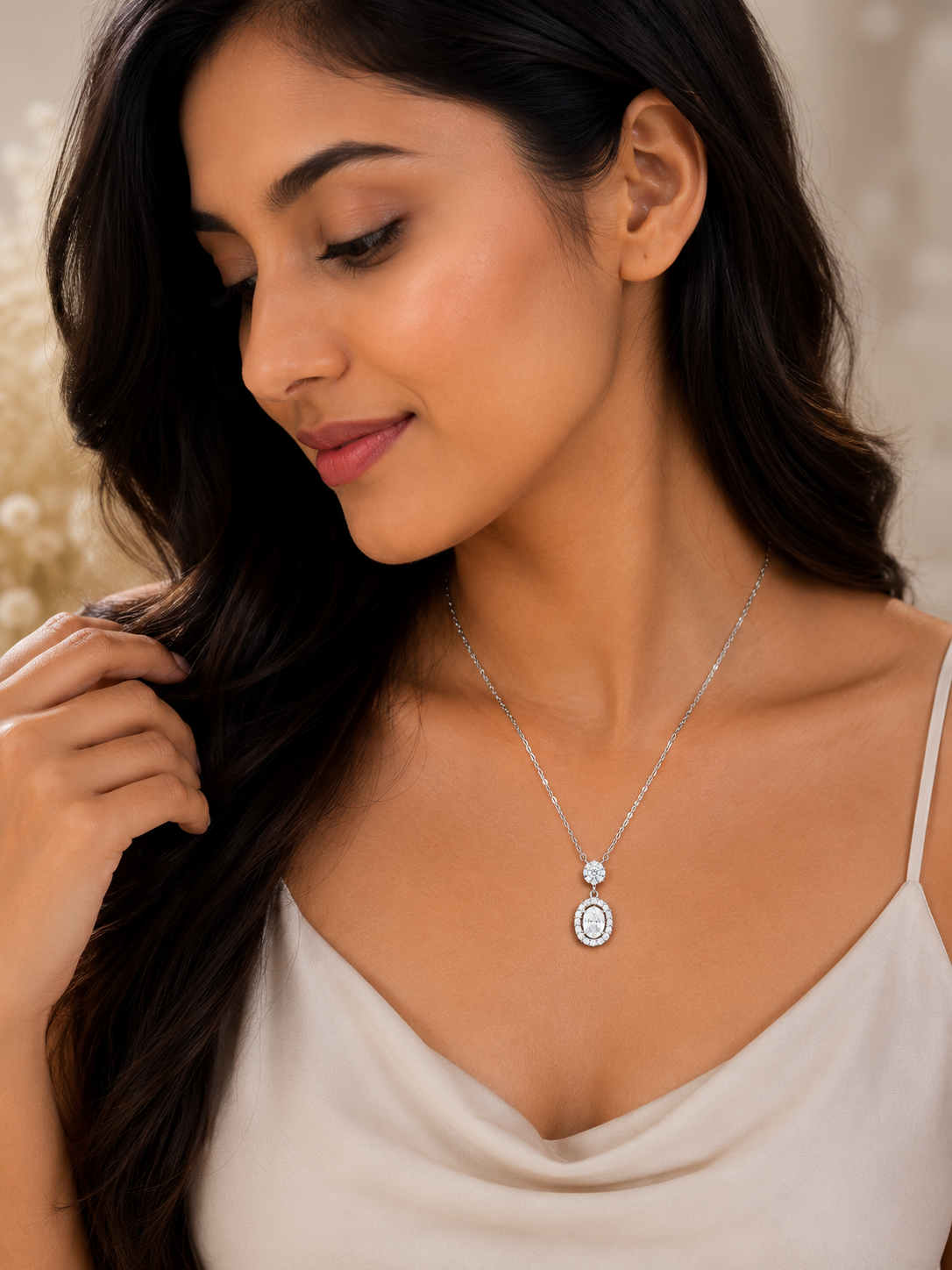 Silver oval crystal halo drop pendant necklace