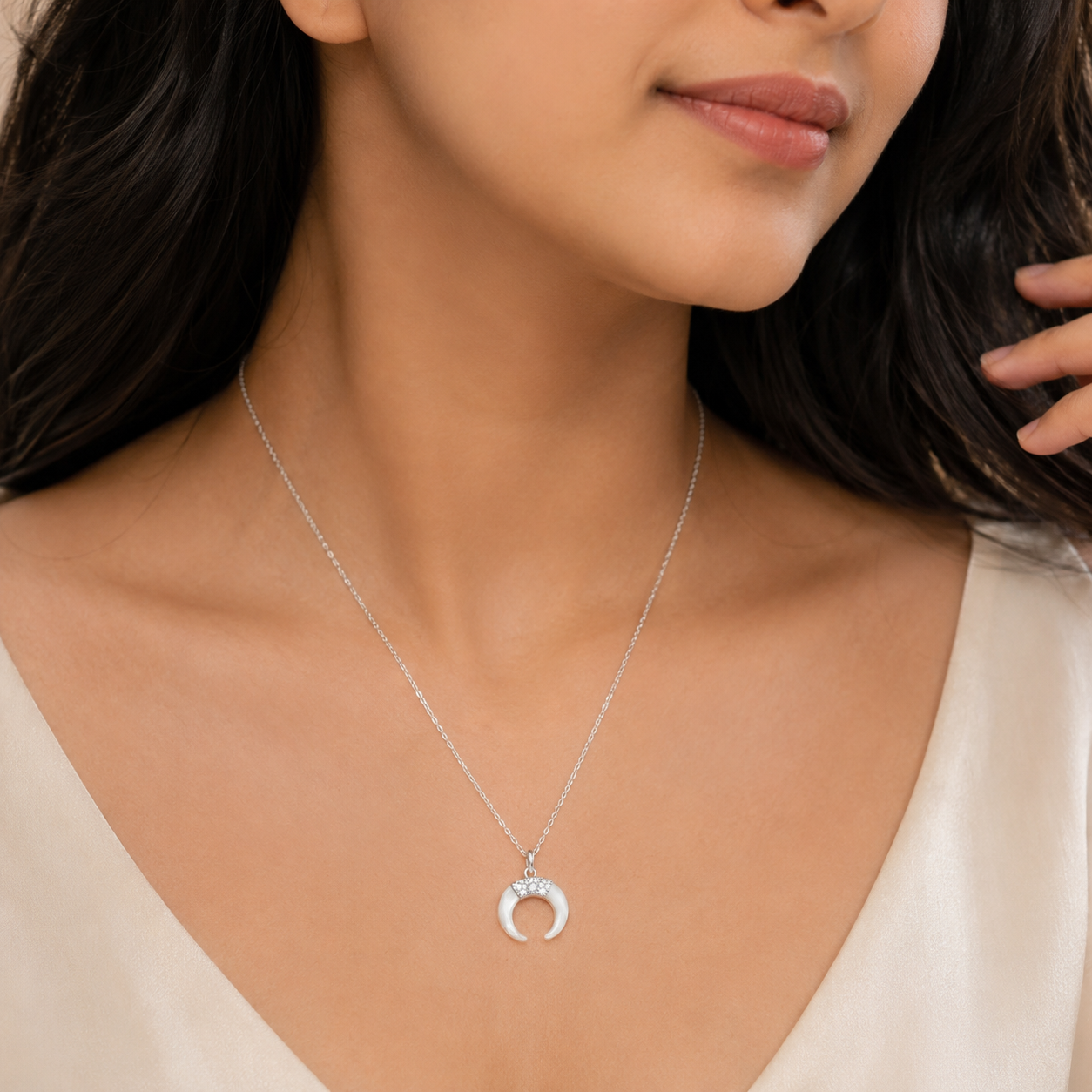 Mother of Pearl Crescent moon, crystal pendant necklace