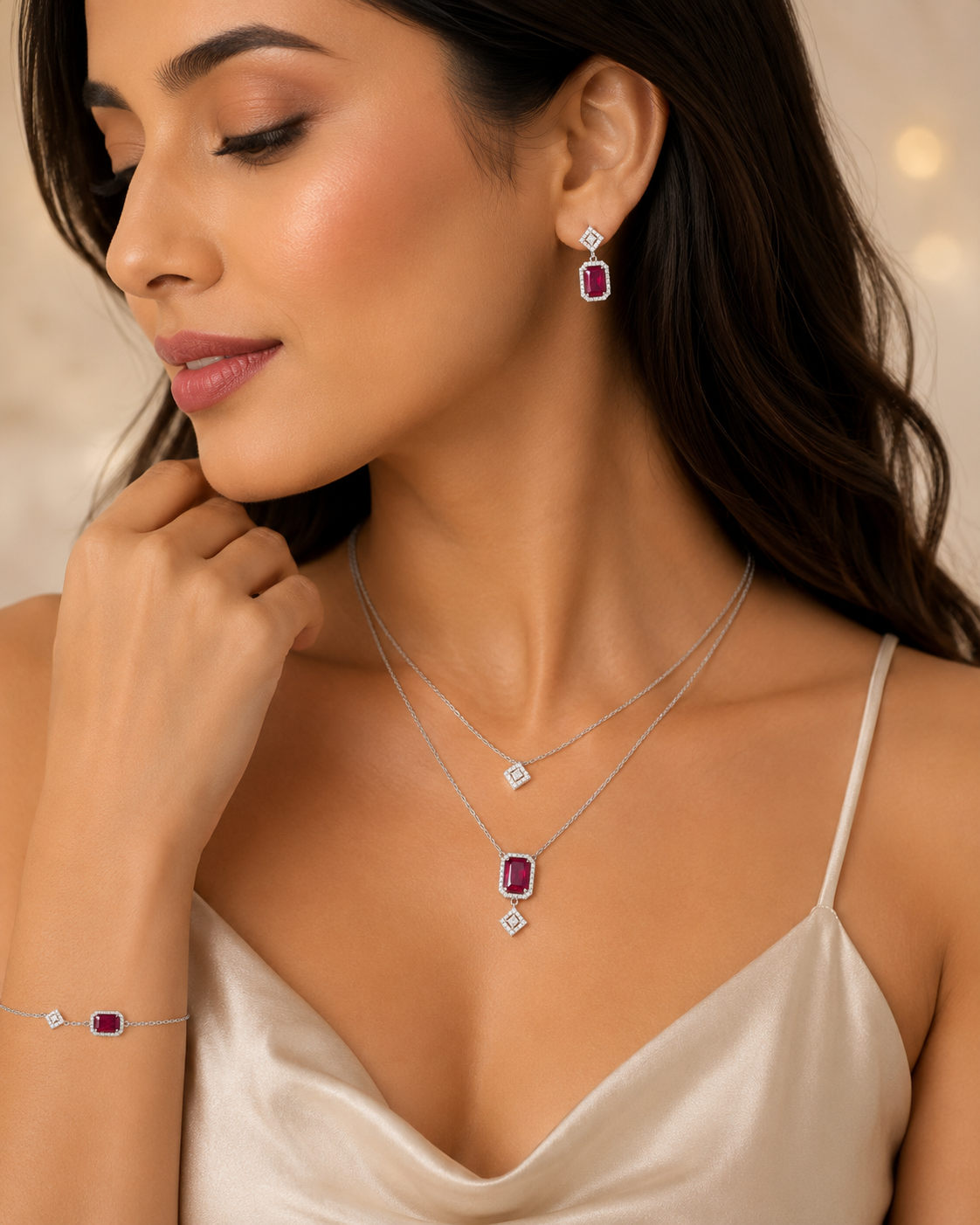 Ruby red Emerald cut crystal layered Set