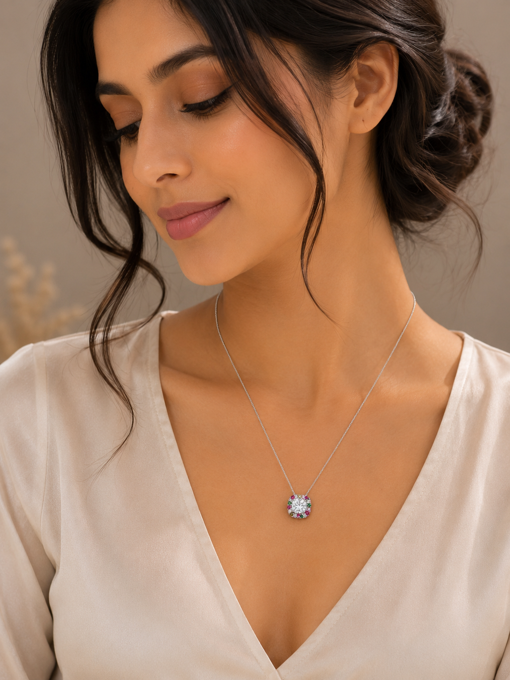 Multicolour Halo CZ Pendant Necklace