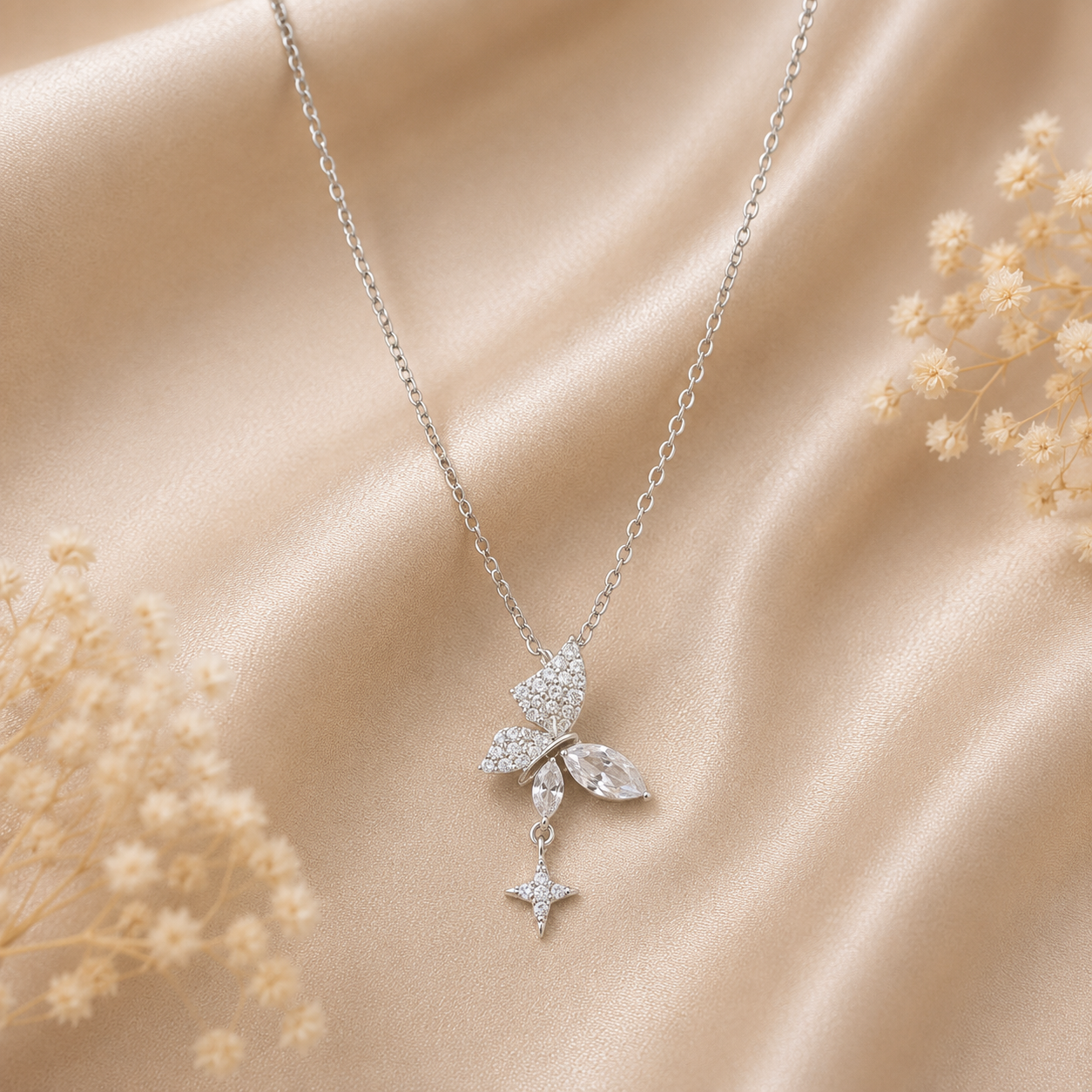 Crystal butterfly and dangling star pendant necklace