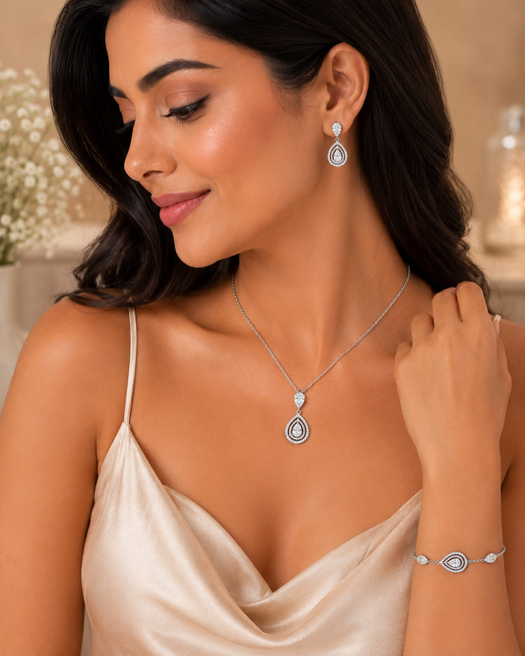 Elegant teardrop crystal halo jewellery set