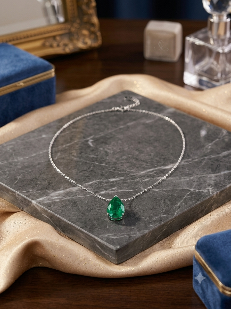 Emerald green pear pendant necklace