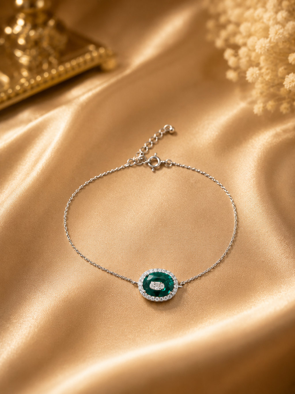 Silver emerald green halo bracelet